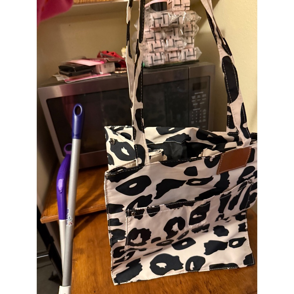 Leopard Print Tote Bag Black White Animal Print Shoulder Bag Snap Closure Pocket